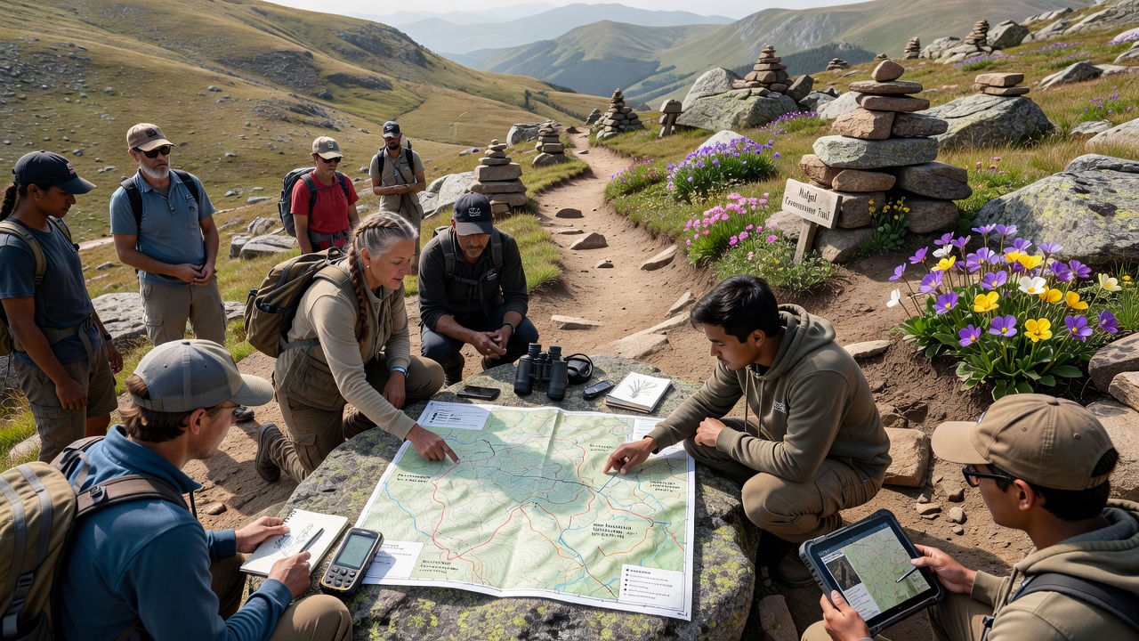 Detailed view of rare highland plants growing alongside a mapped trail on Halgala slopes