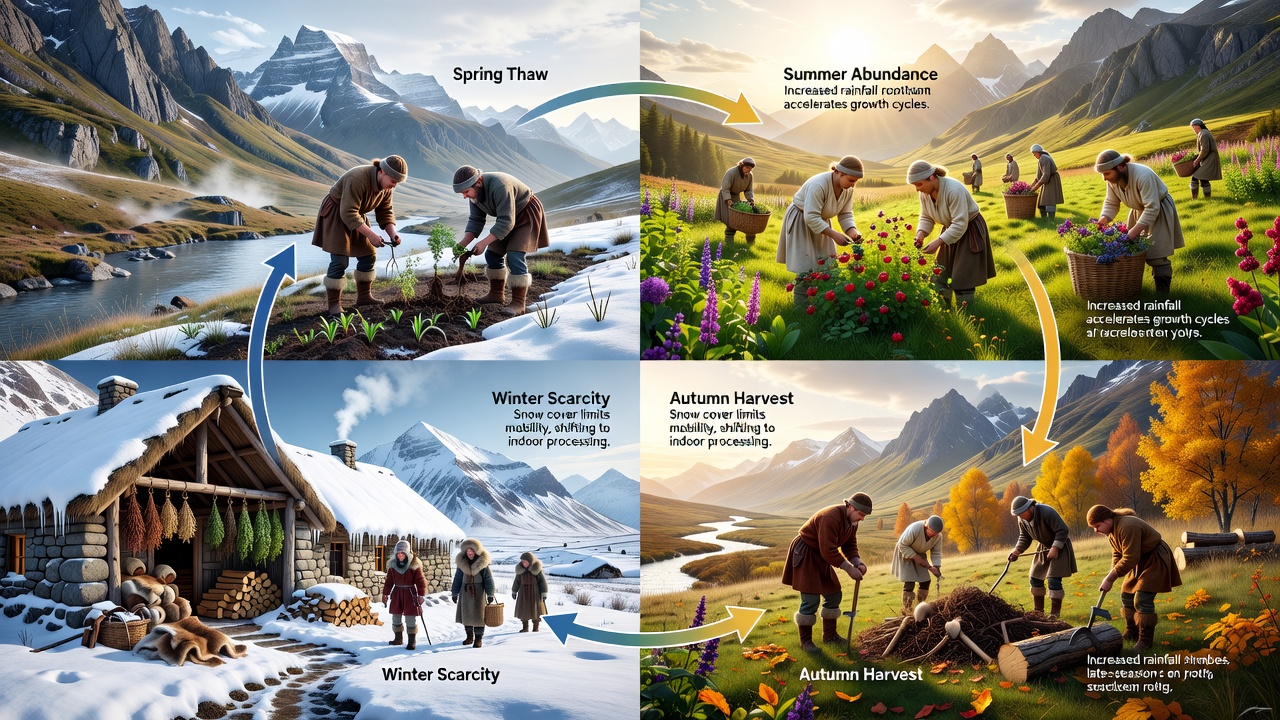 Traditional gatherers sorting roots and herbs beside a glacial stream during the transition from summer to autumn in a high-elevation valley